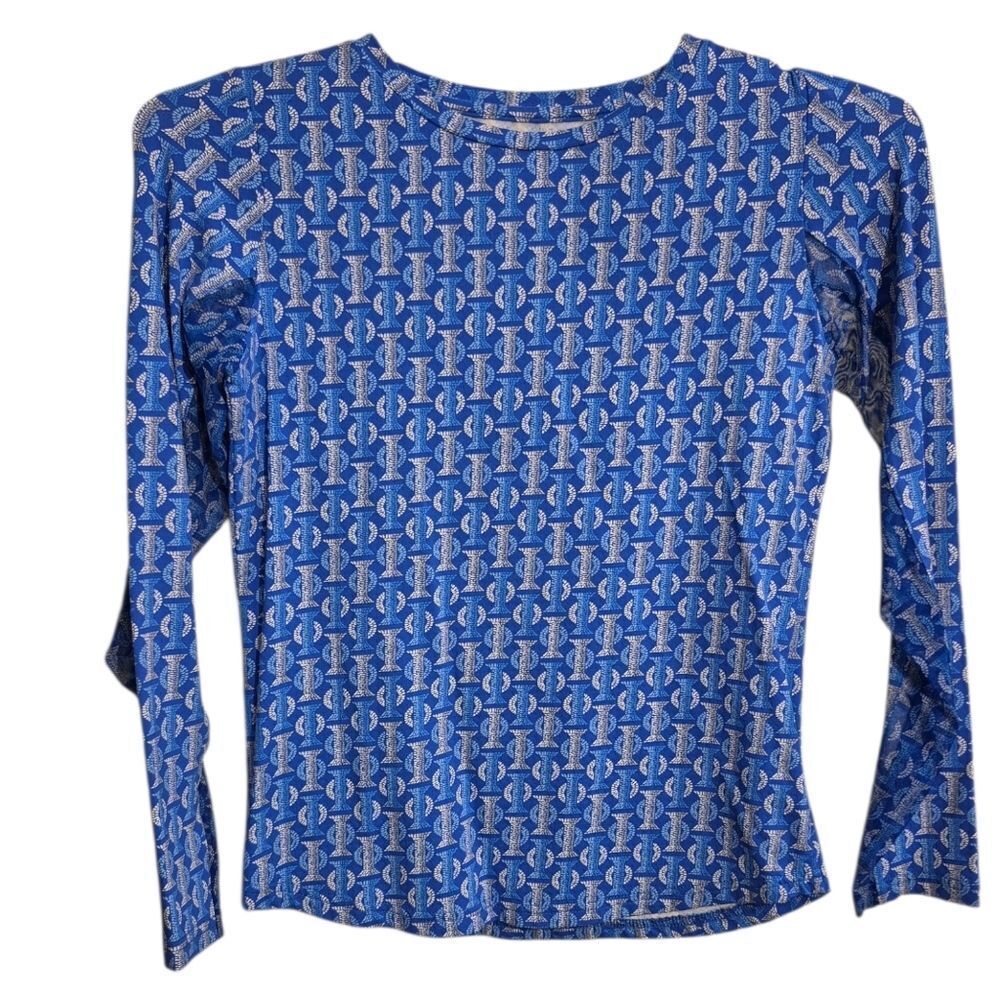Icikuls Blue Long Sleeve Crew Neck Top With Sheer Panels On Sleeves Golf Xs
